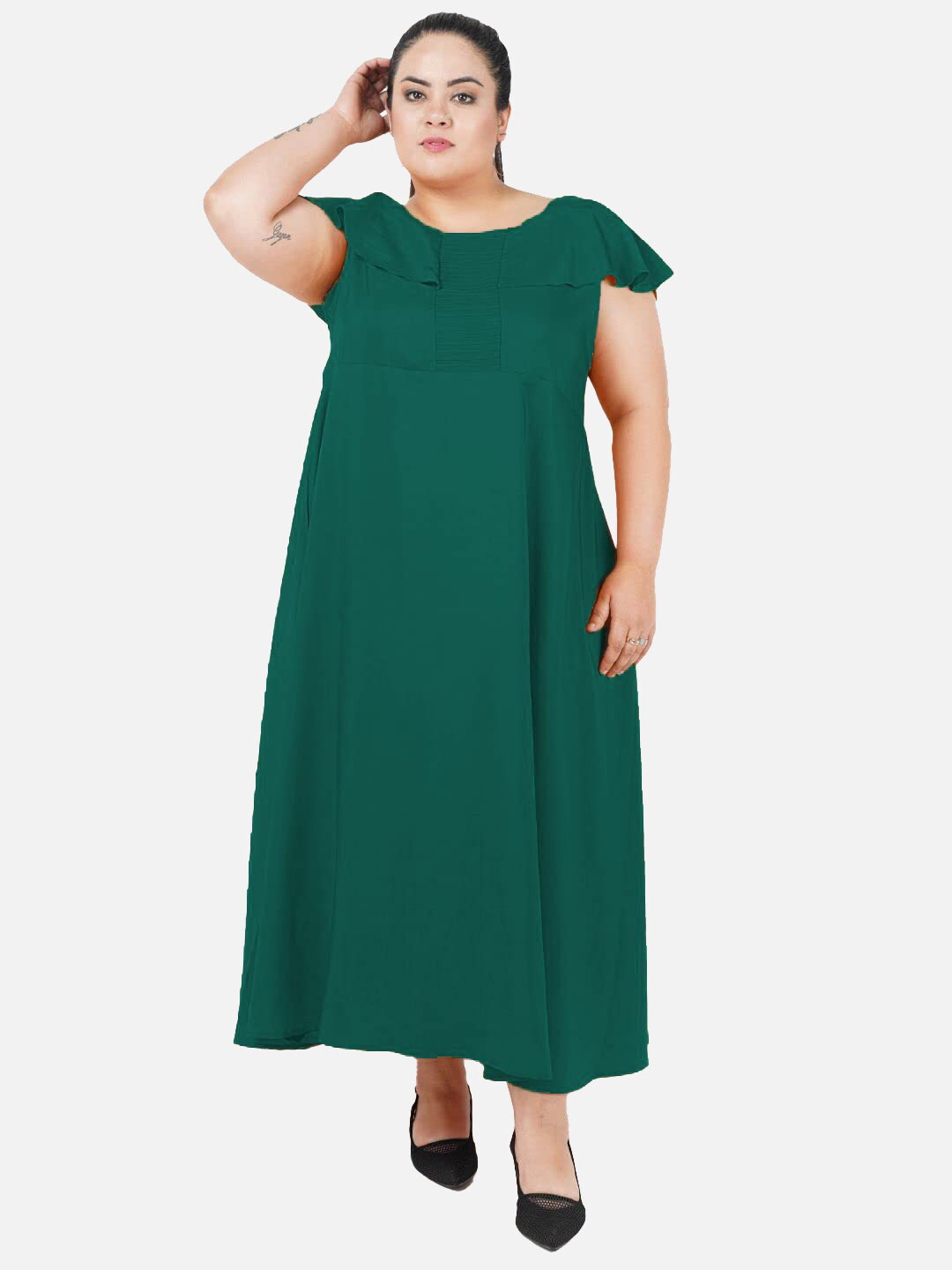 Indietoga Green Plus Size Crepe Maxi Flutter Sleeves Dress
