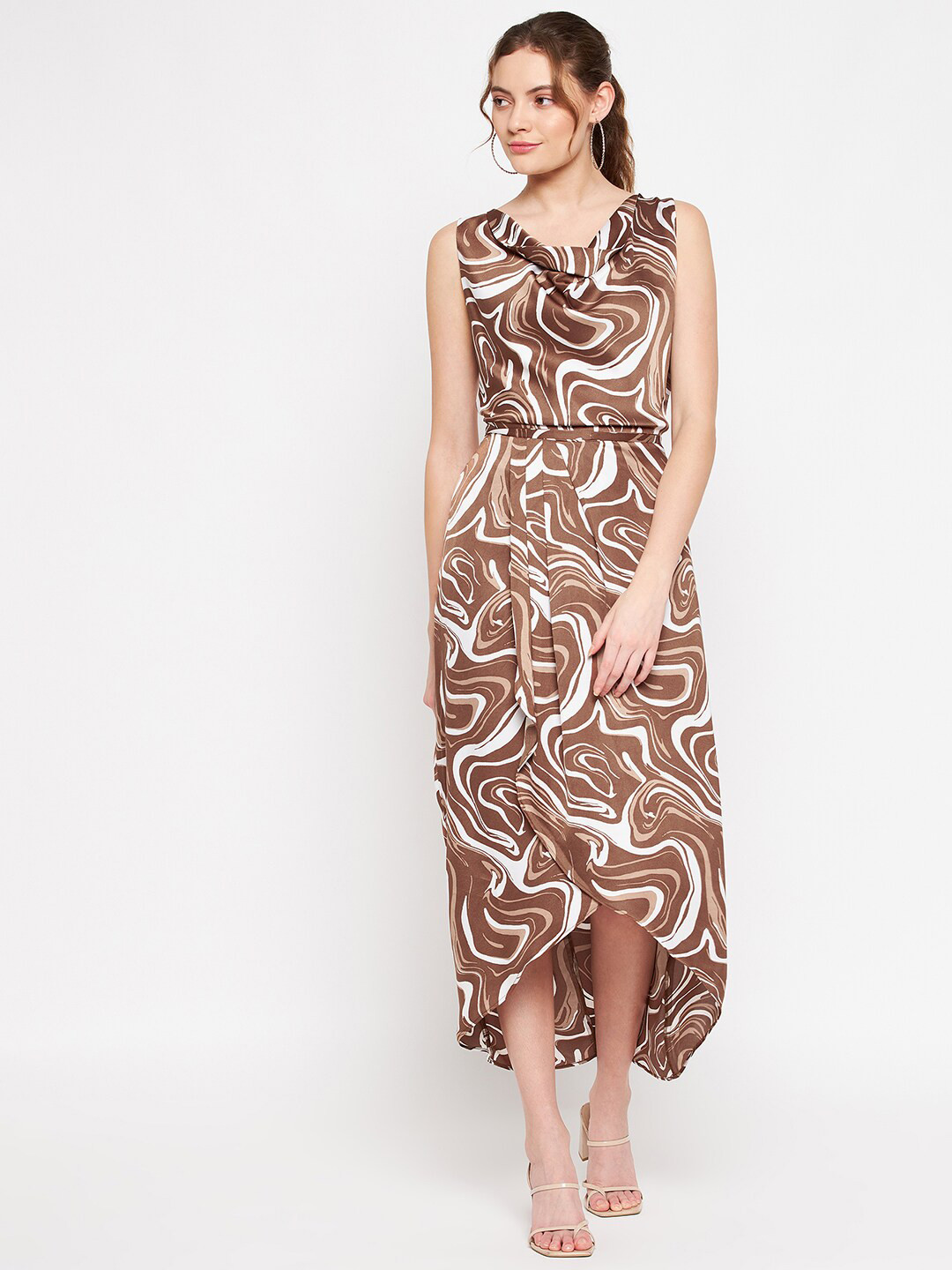 PURYS Brown Satin Cowl Neck Maxi Dress