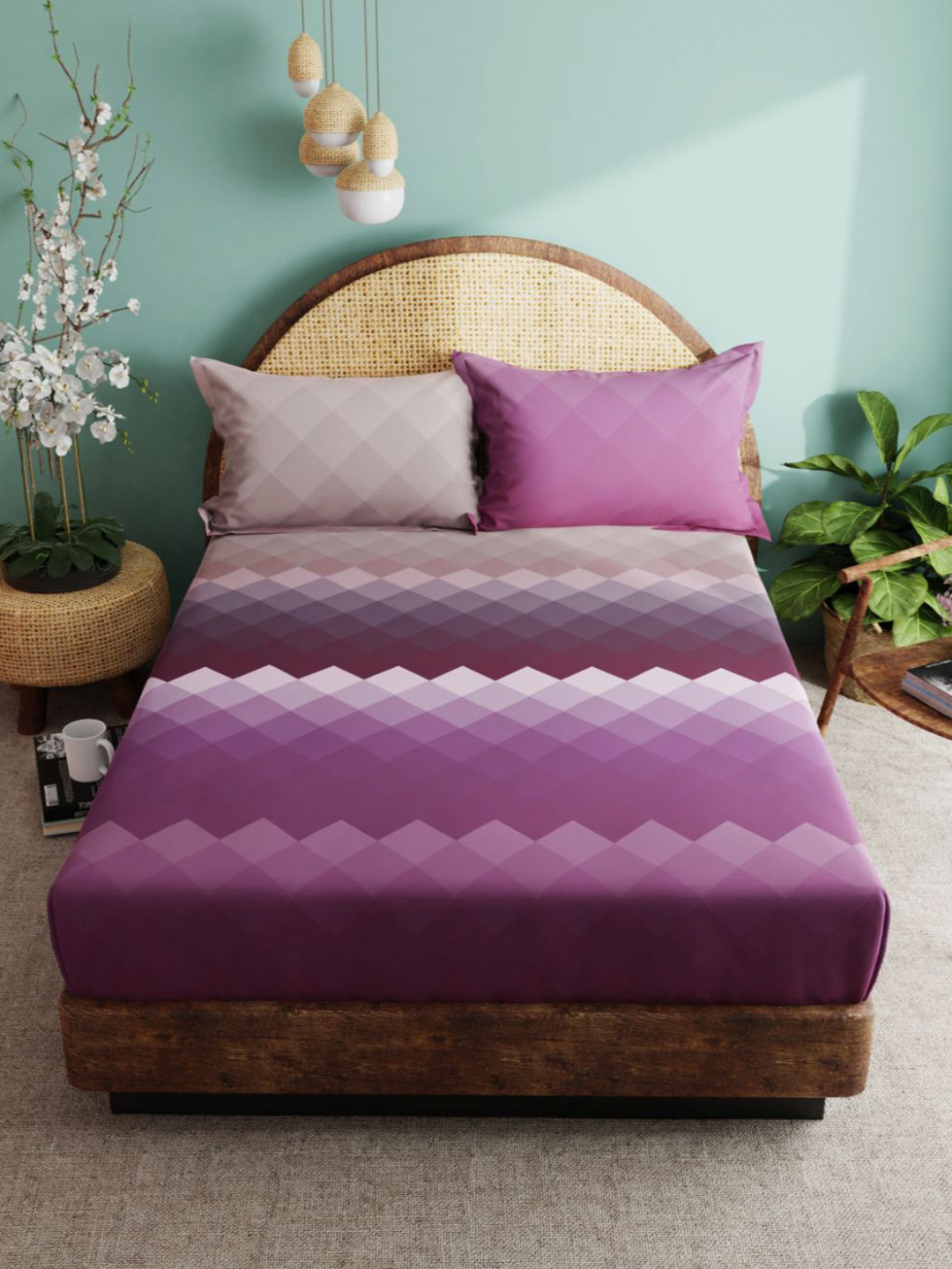 BIANCA Callista Purple Geometric Cotton 180 TC King Fine Bedsheet with 2 Pillow Covers-108 x 108 inches
