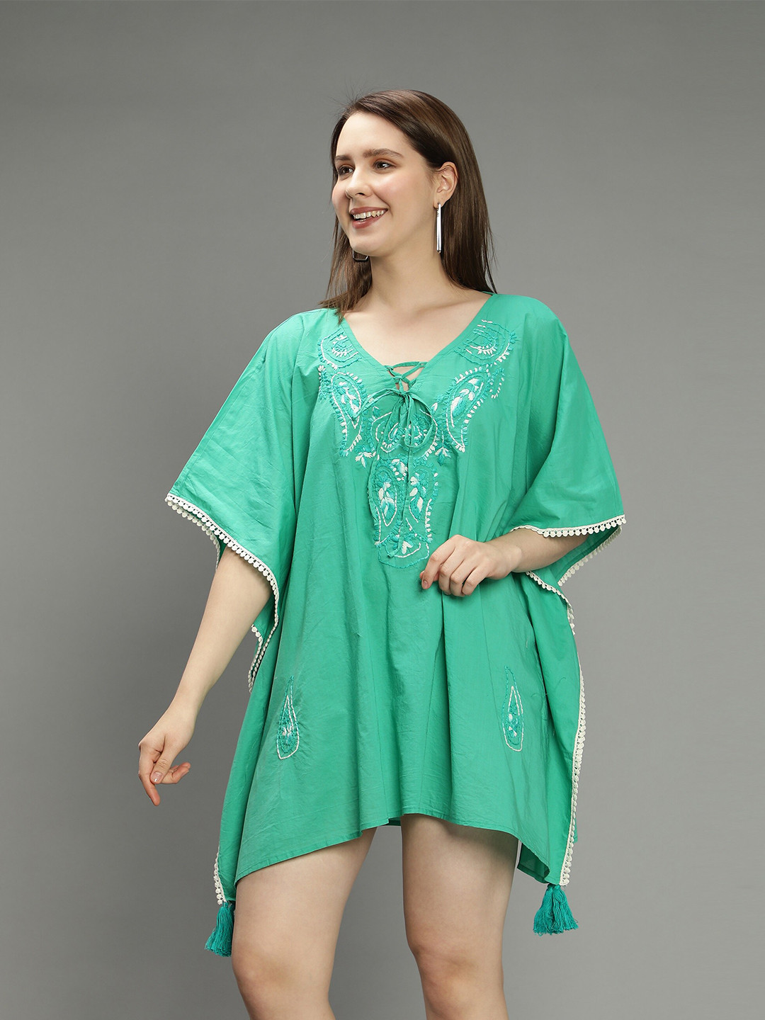 Aditi Wasan Green Embroidered Kaftan Dress