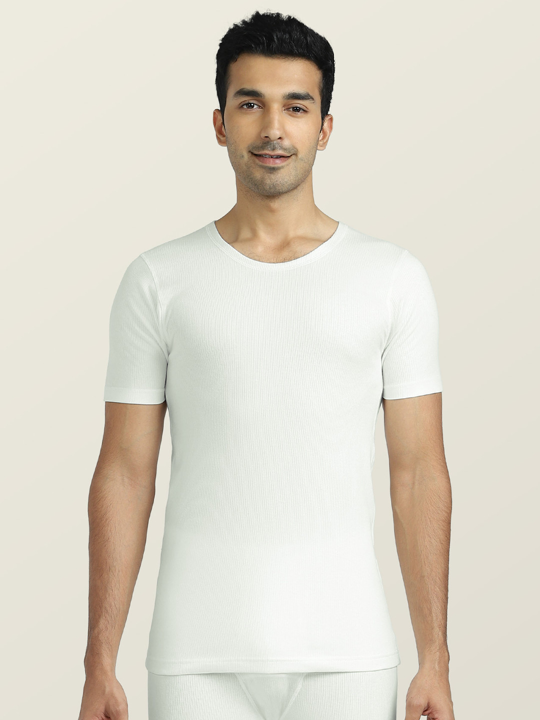 XYXX Men Off White Solid Alpine Cotton Short Sleeves Thermal Vest