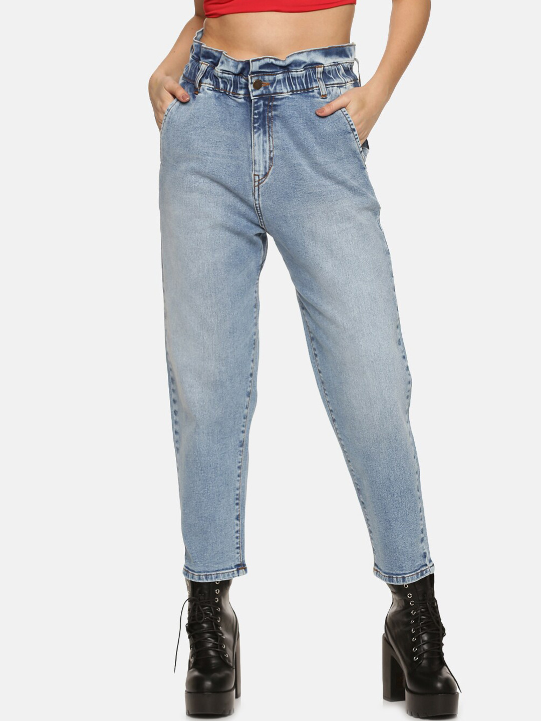 ISU Women Relaxed Fit High-Rise Heavy Fade Paper Bag Jeans