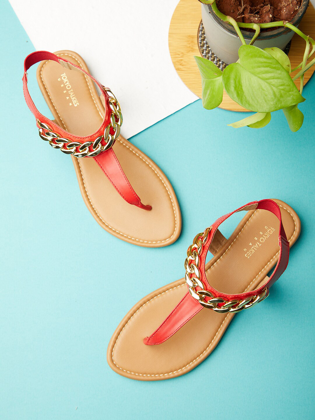 Tokyo Talkies Women Red & Beige Open Toe T-Strap Flats
