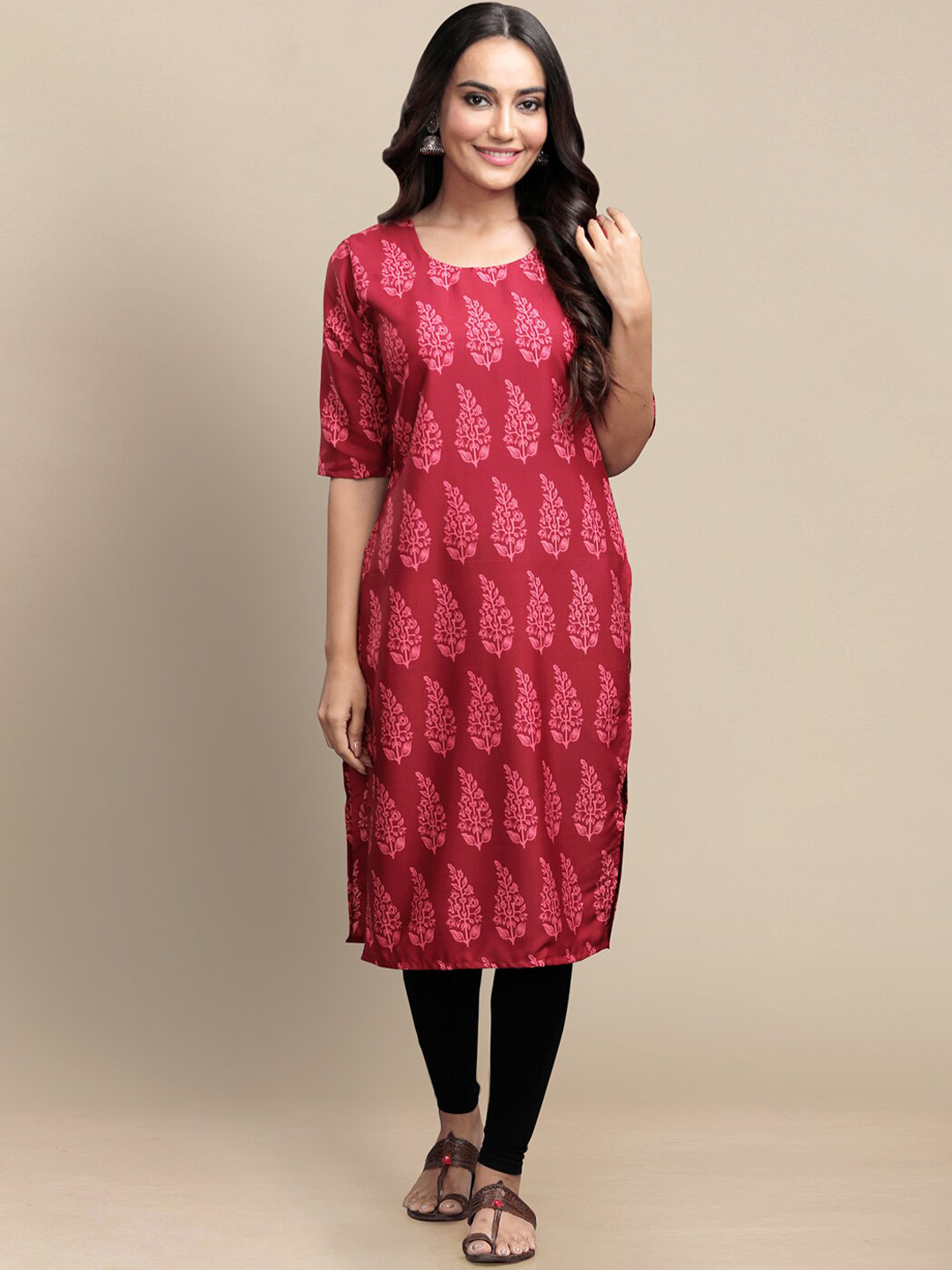 7Threads Women Red & Mustard Yellow Pack of 4 Geometric Block Print Crepe Kurta