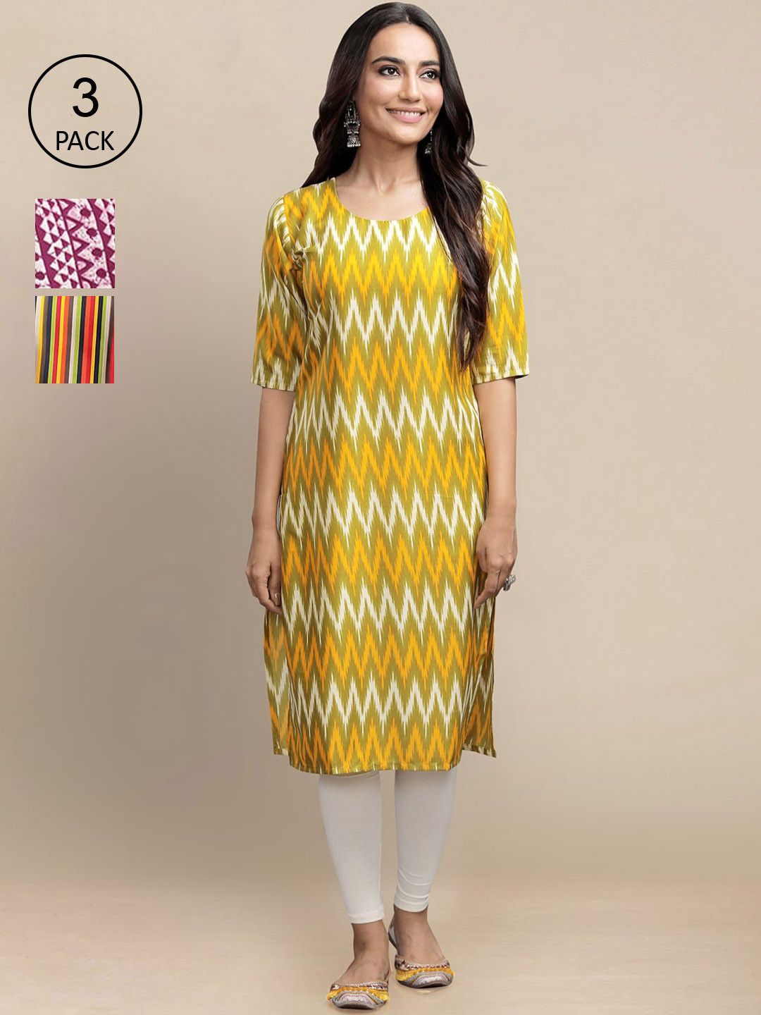 7Threads Women Yellow & Mustard Yellow Pack Of 3 Geometric Printed Block Print Crepe Kurta