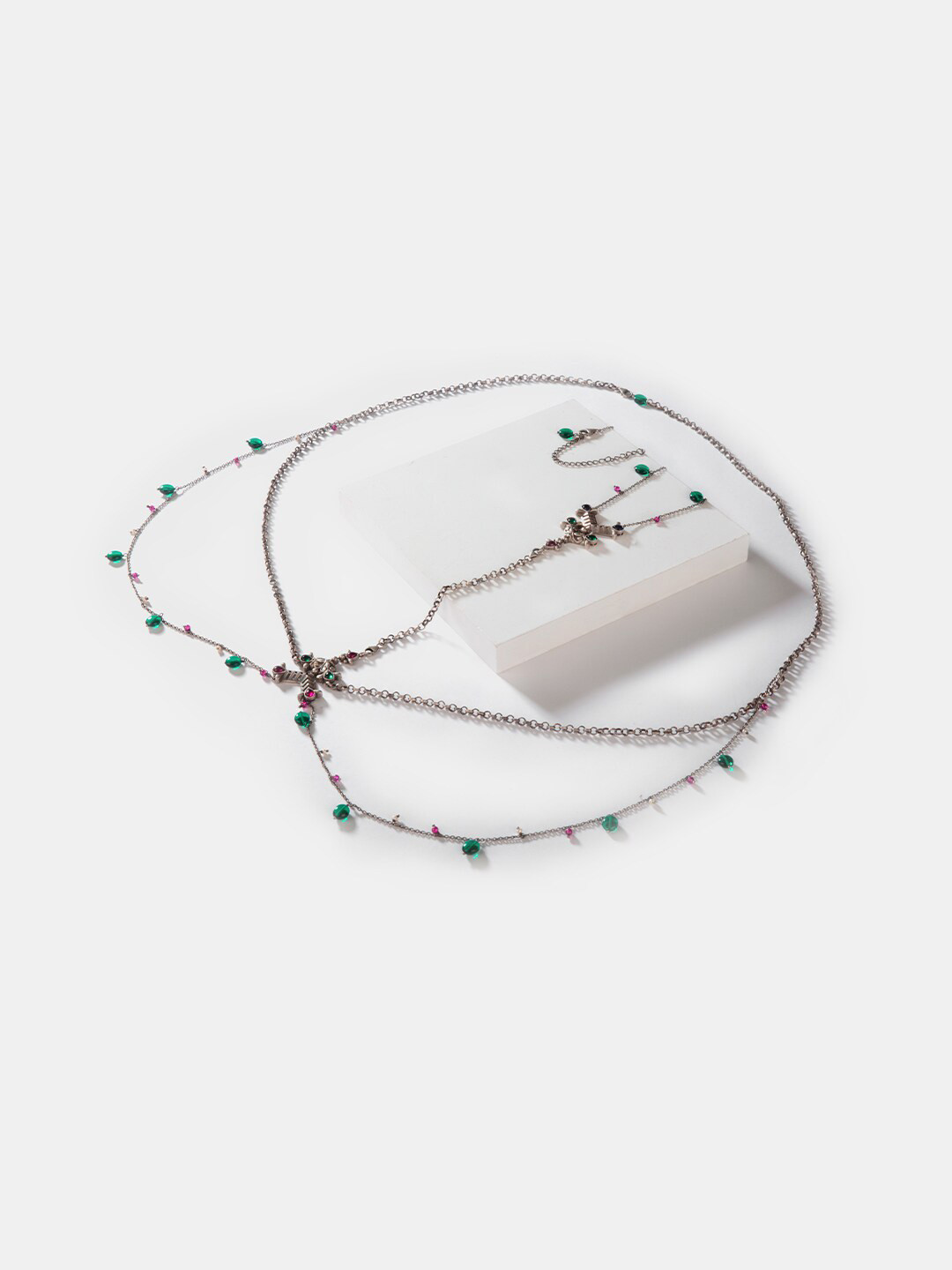 SHAYA Silver-Toned & Green Sterling Silver Oxidised Body Chain