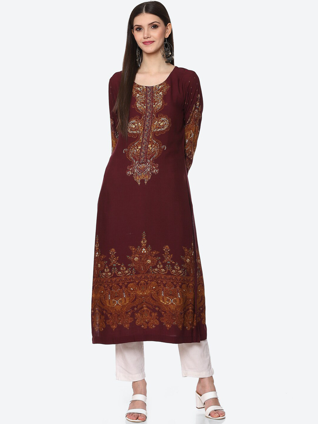 Biba Women Purple Ethnic Motifs Printed Keyhole Neck Kurta