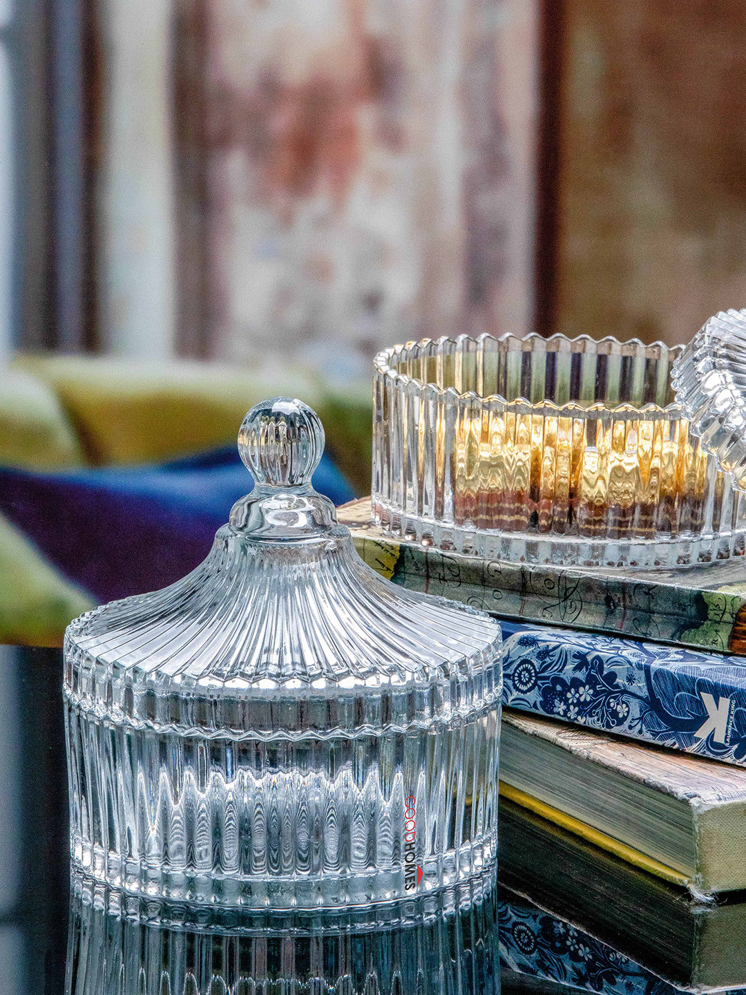 GOODHOMES  Transparent Set Of 2 Textured Candy Jar With Lids 620 ml