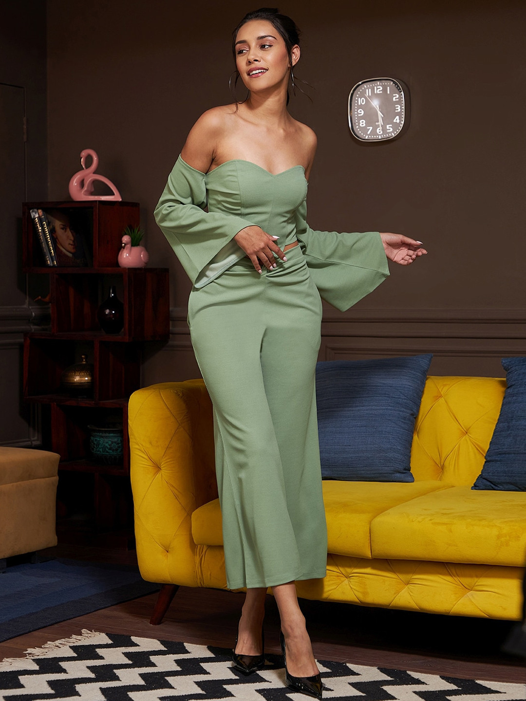 Athena Women Solid Off Shoulder Corset Top With Trousers Co-Ords