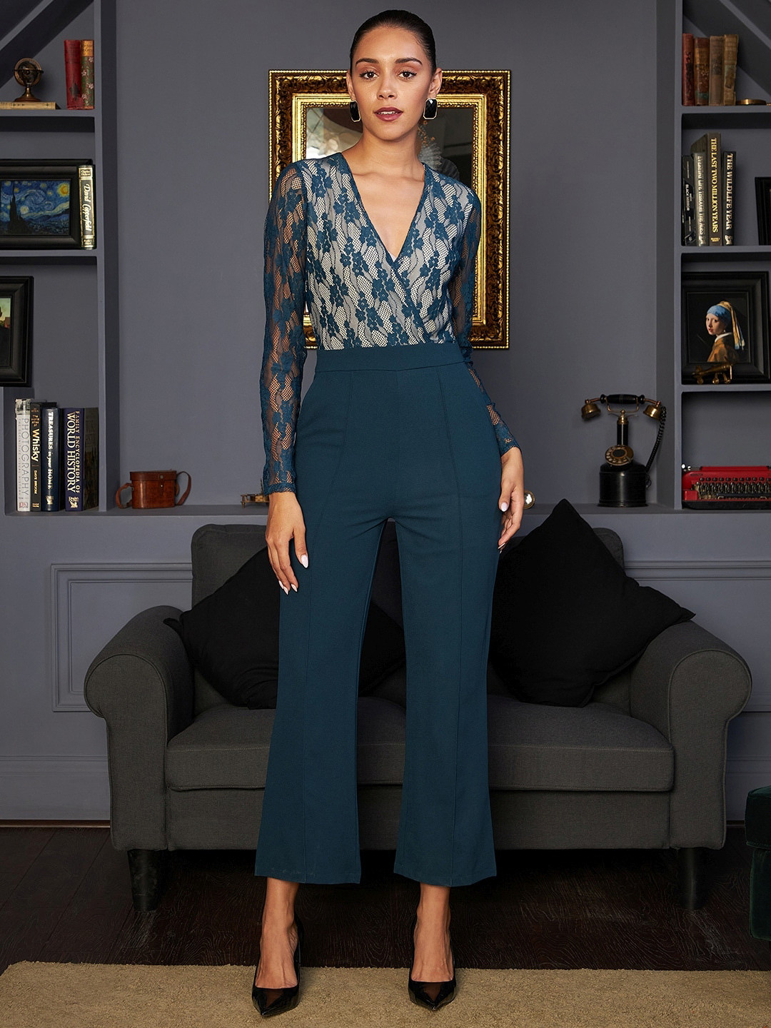 Athena Women Teal Basic Jumpsuit with Lace Inserts