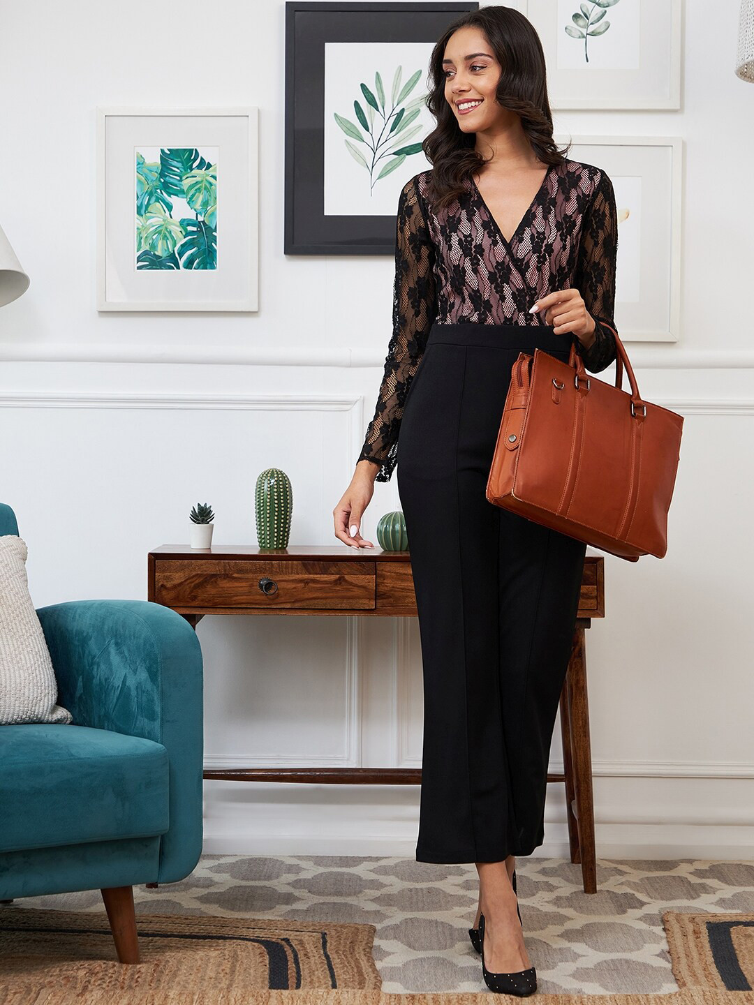 Athena Black & Pink Basic Jumpsuit with Lace Inserts