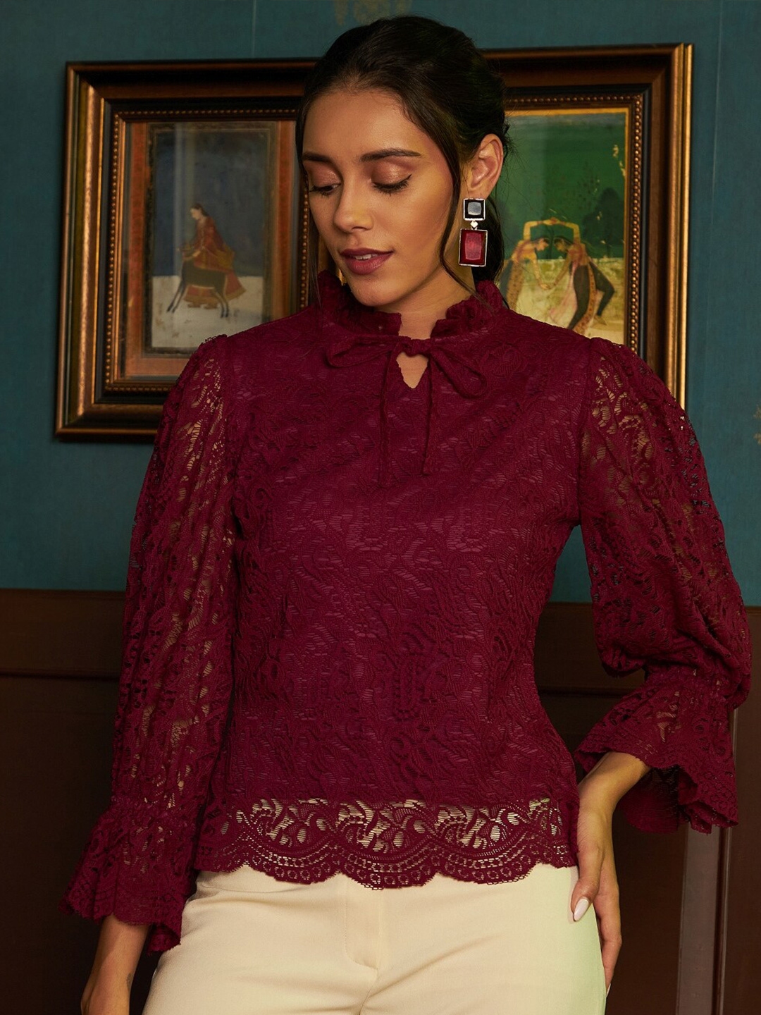 Athena Burgundy Tie Up Neck Lace Top - Tops for Women 20437938 | Myntra