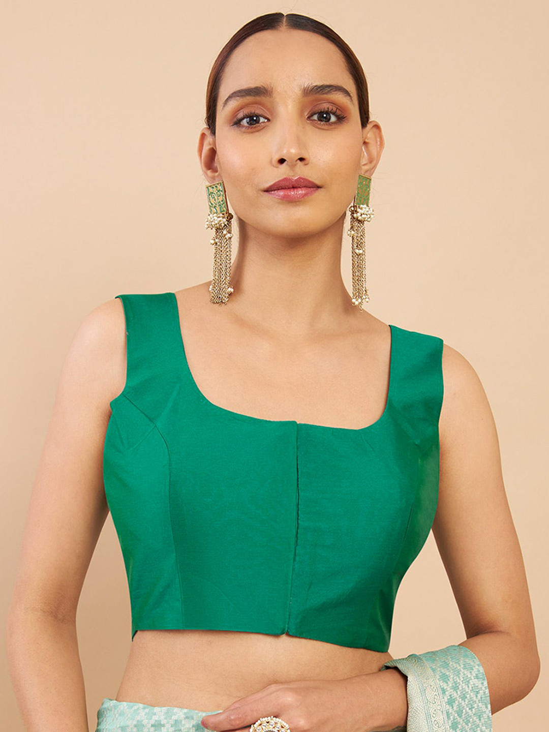 Soch Teal Blue Solid Taffeta Saree Blouse