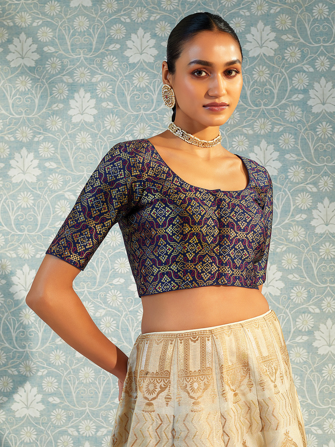 Soch Navy Blue Printed Silk Saree Blouse