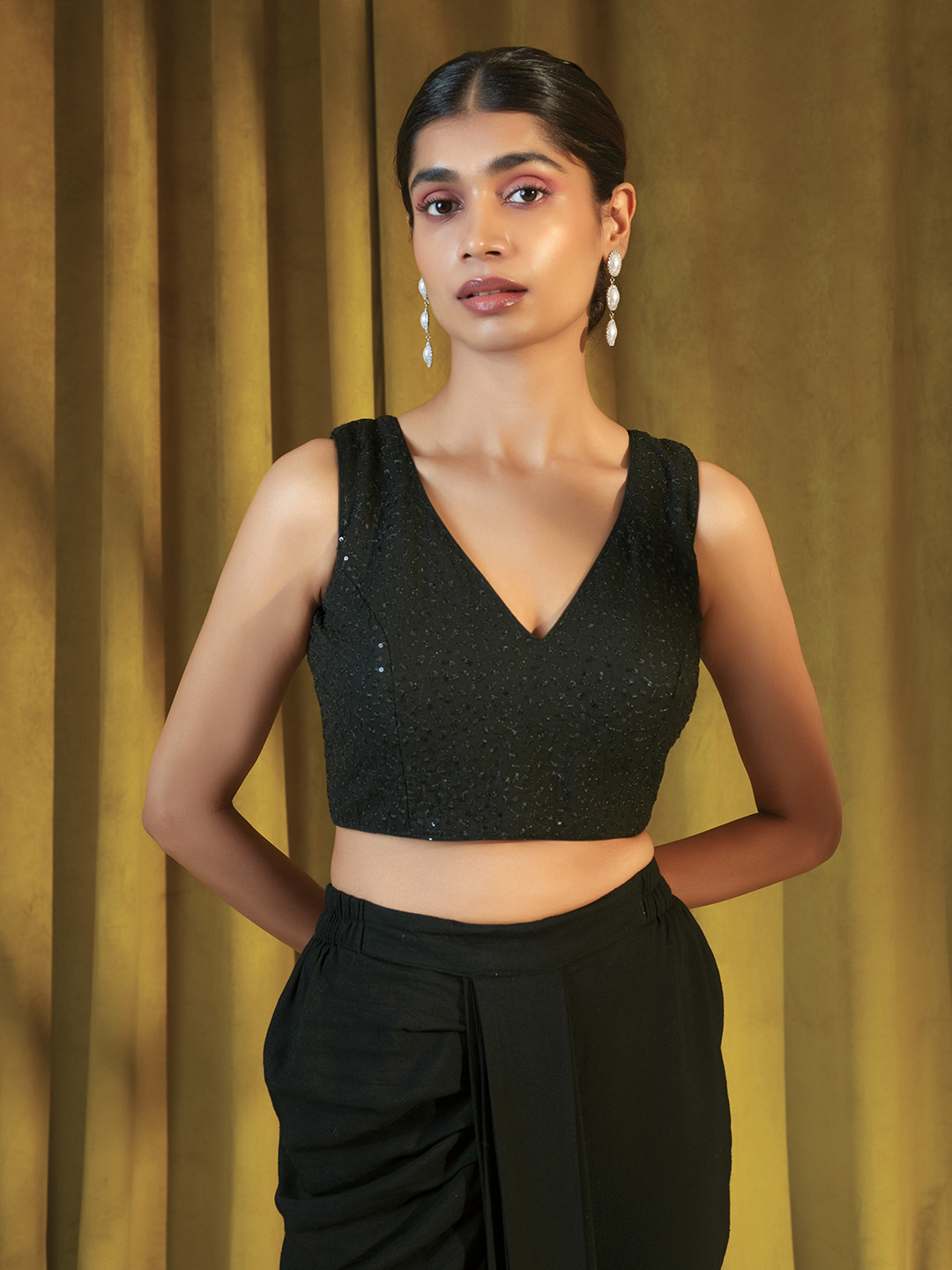 Soch Black Embellished & Sequined Silk Saree Blouse