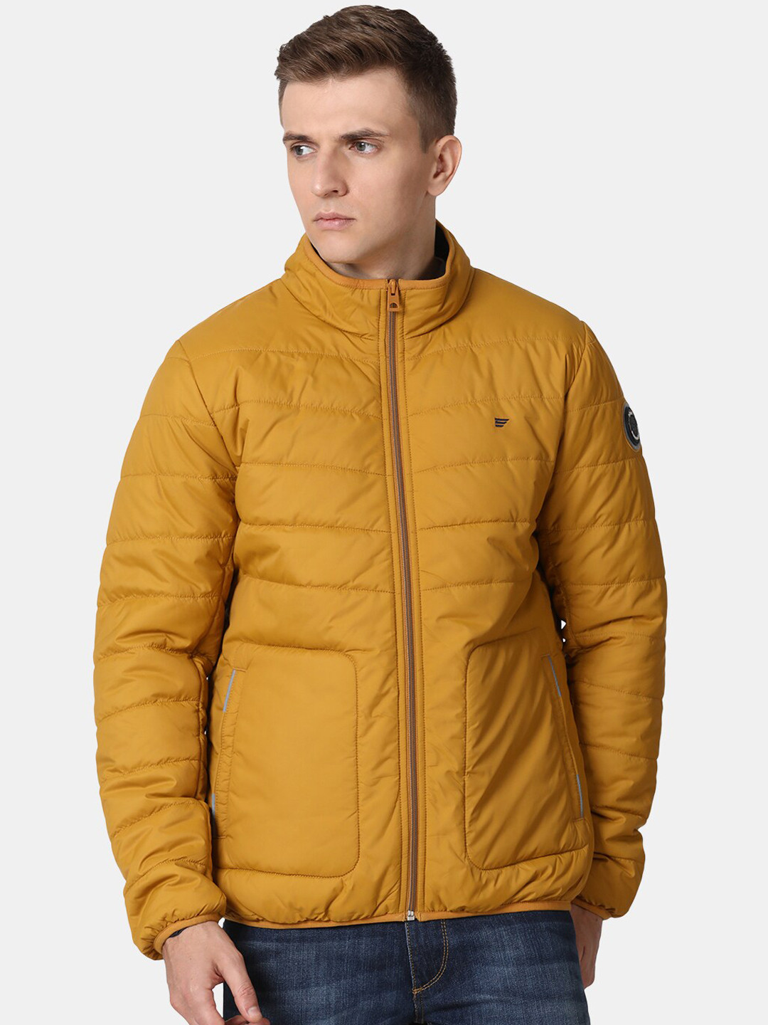 t-base Men Mustard Yellow Solid Nylon Puffer Jacket