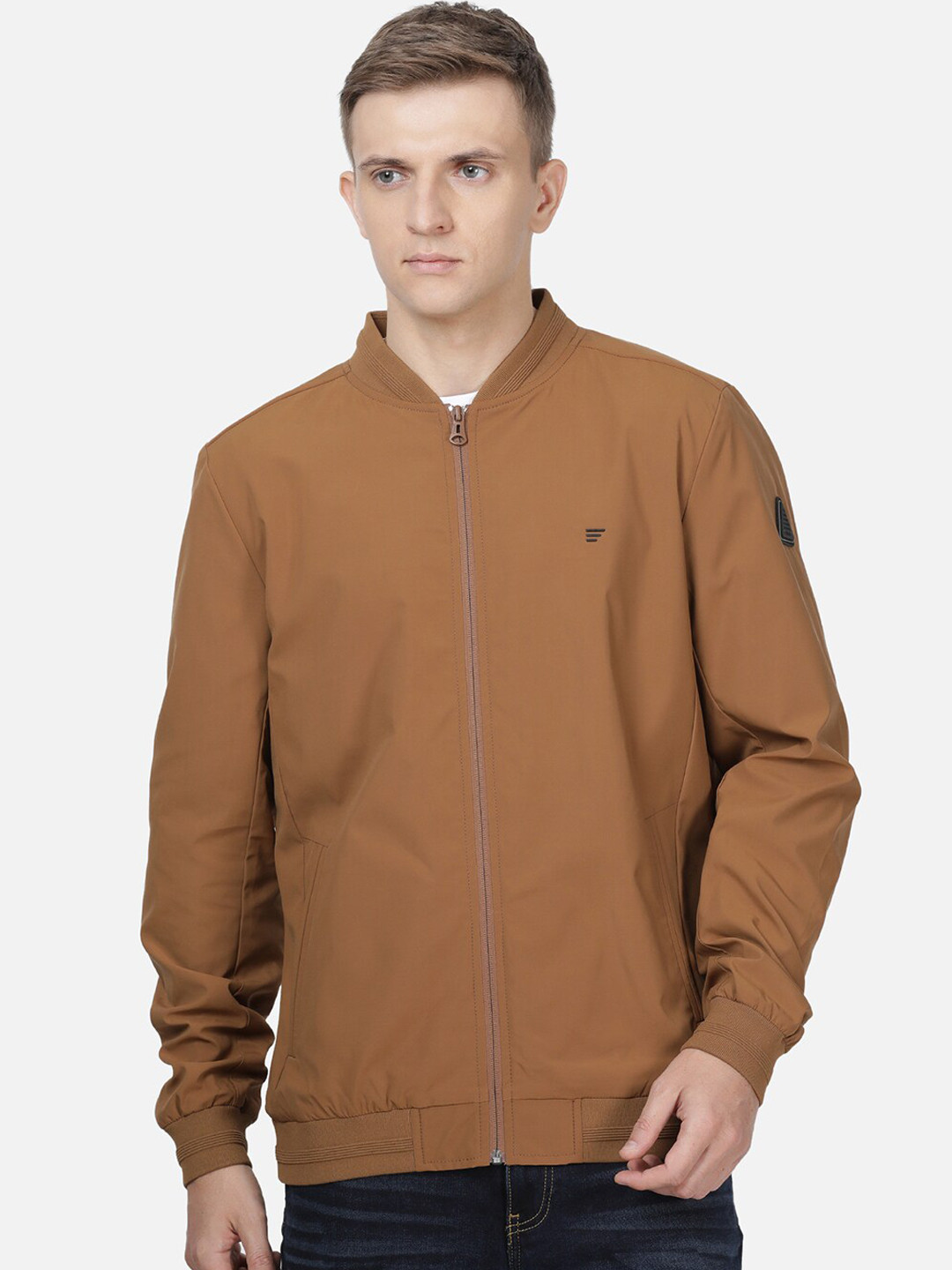 t-base Men Tan Solid Windcheater Bomber Jacket