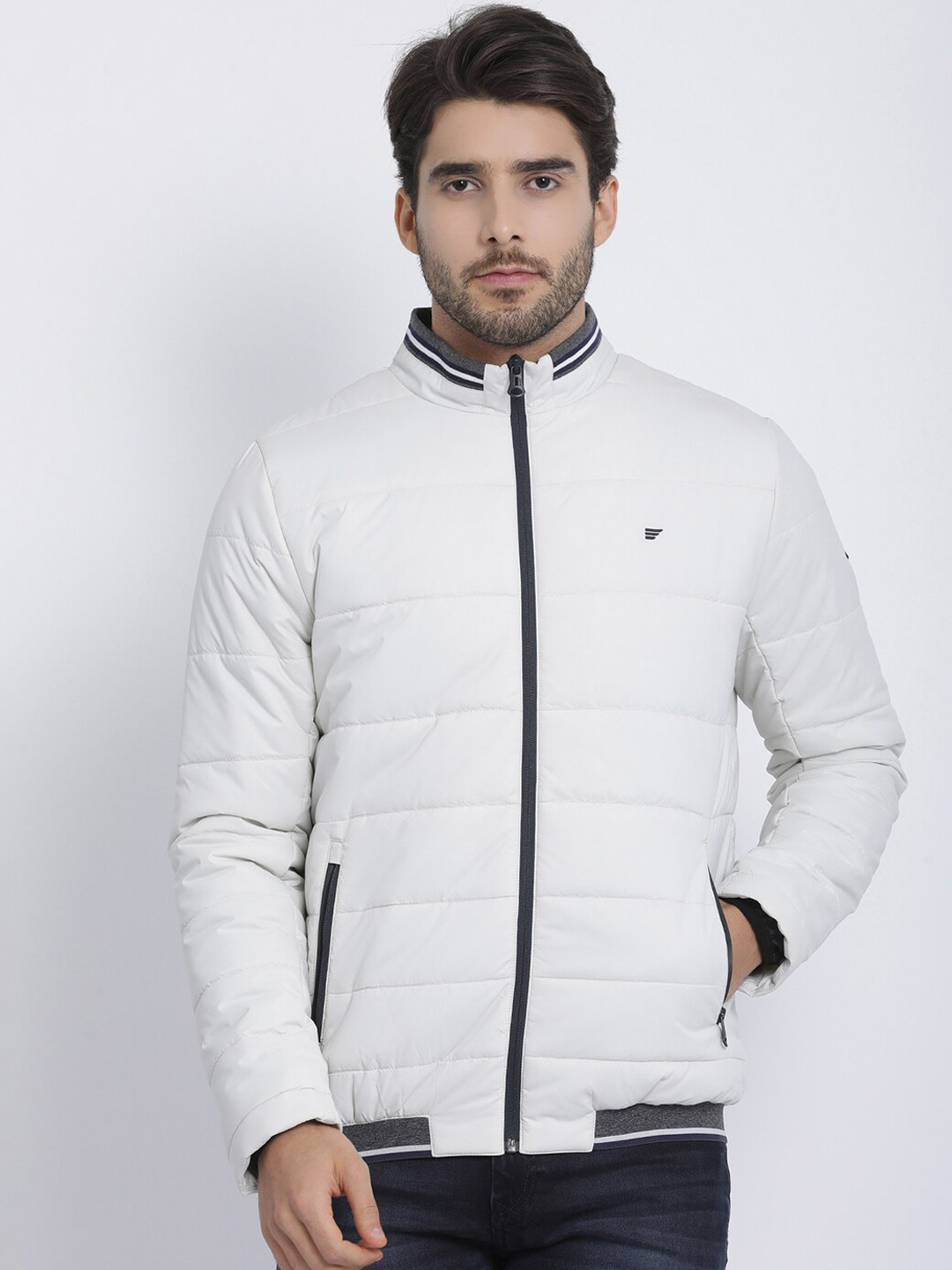 t-base Men White Solid Windcheater Puffer Jacket