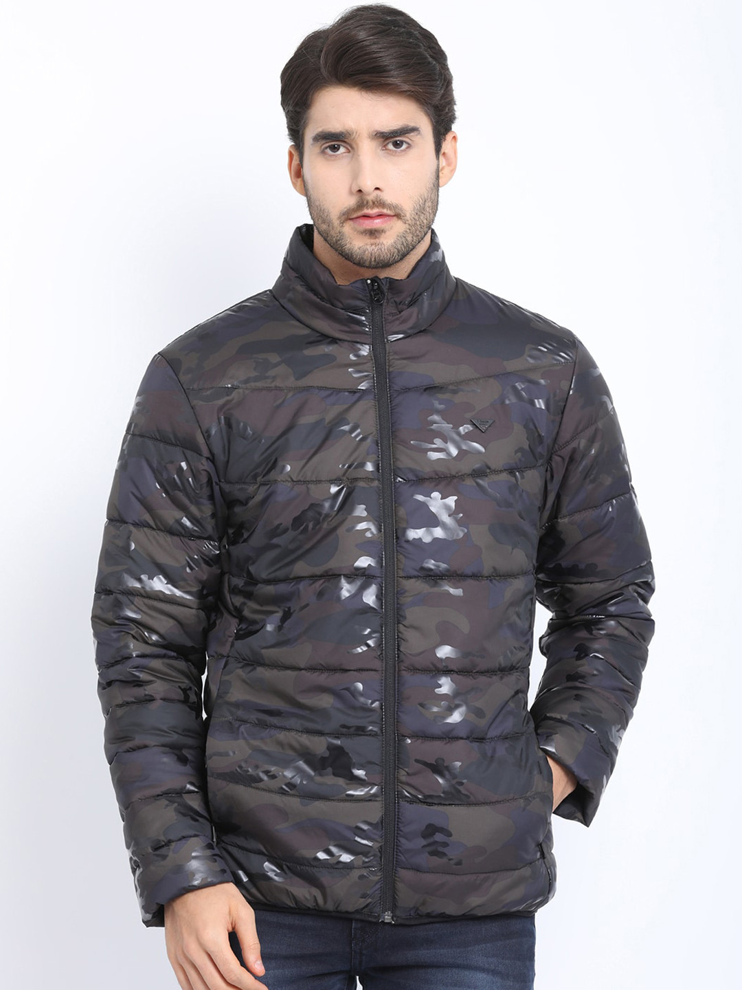 t-base Men Black Navy Blue Camouflage Windcheater Puffer Jacket