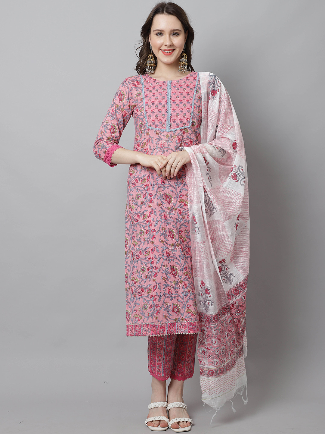 Rajnandini Women Pink Floral Printed Pure Cotton Kurta With Trousers & Dupatta