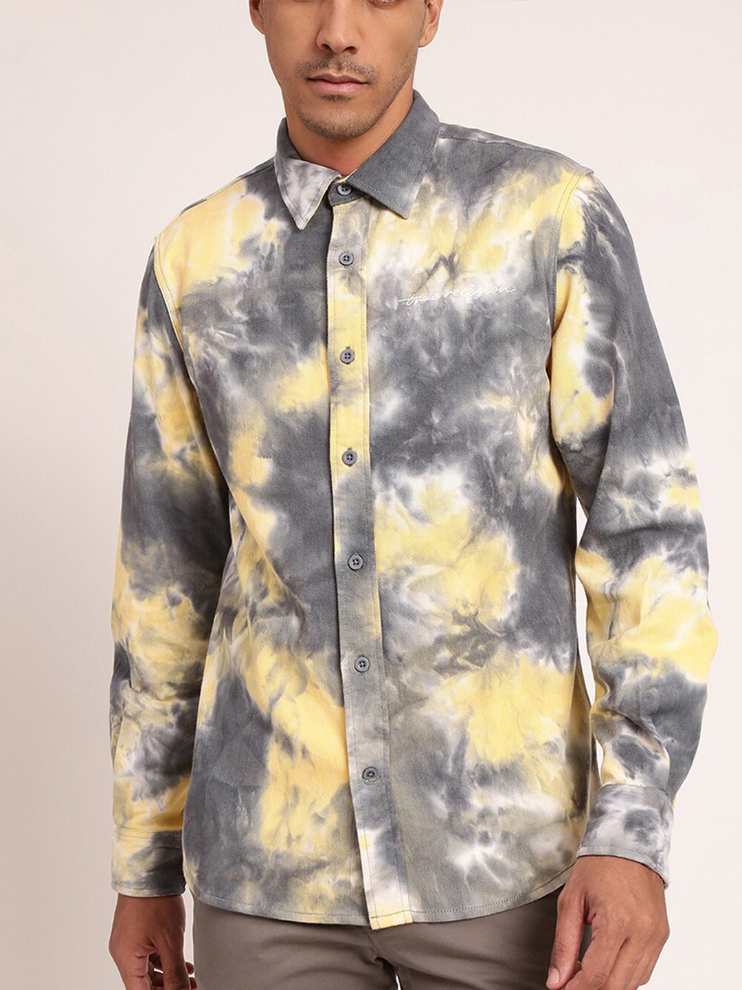 True Religion Men Grey Tie And Dye Cutaway Collar Casual Shirt