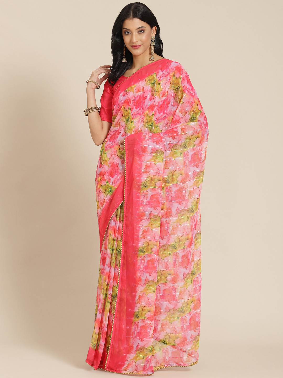 Kalista Pink & Green Floral Gotta Patti Saree