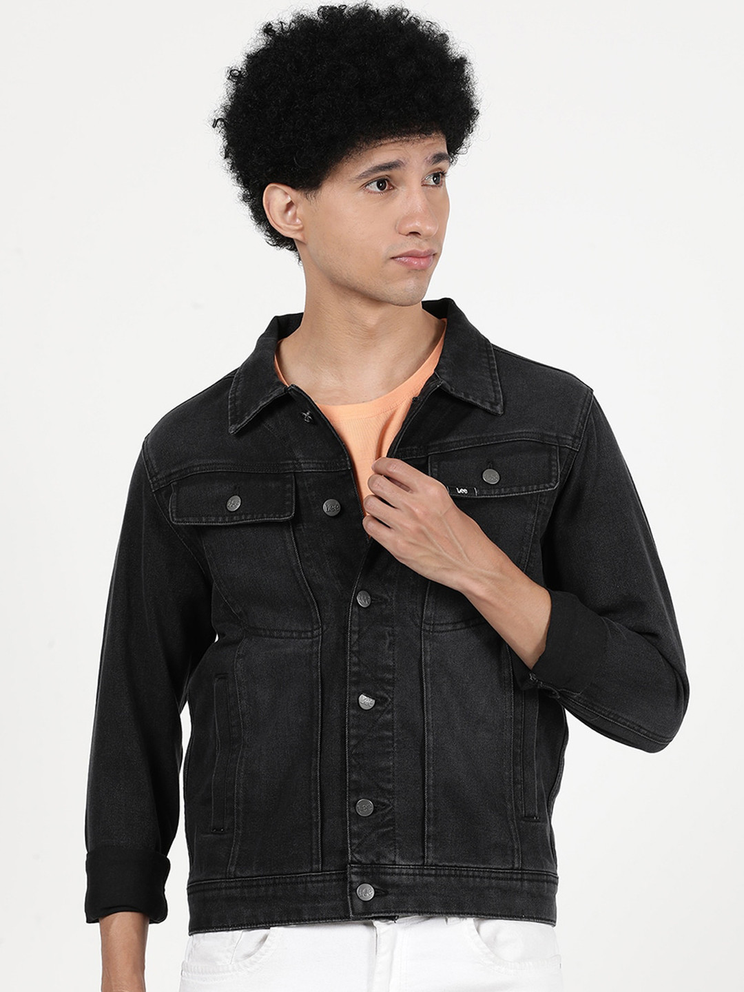 Lee Men Black Washed Crop Denim Jacket