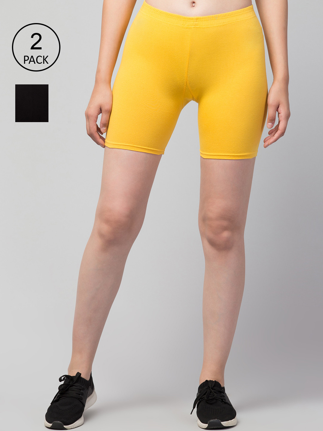 Apraa & Parma Women Pack Of 2 Yellow & Black Slim Fit Cycling Cotton Sports Shorts