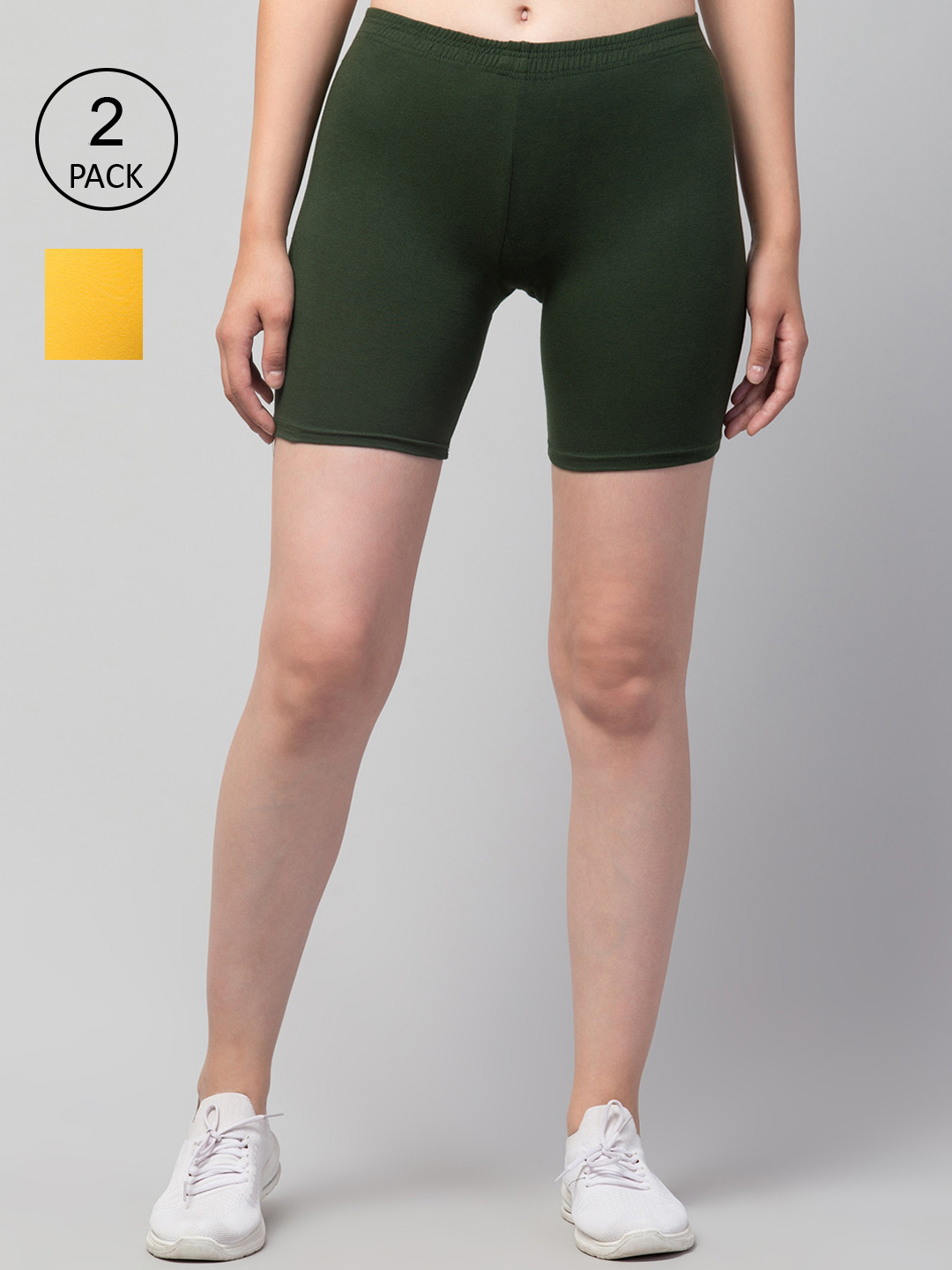Apraa & Parma Women Pack of 2 Yellow and Olive Green Cotton Cycling Sports Shorts