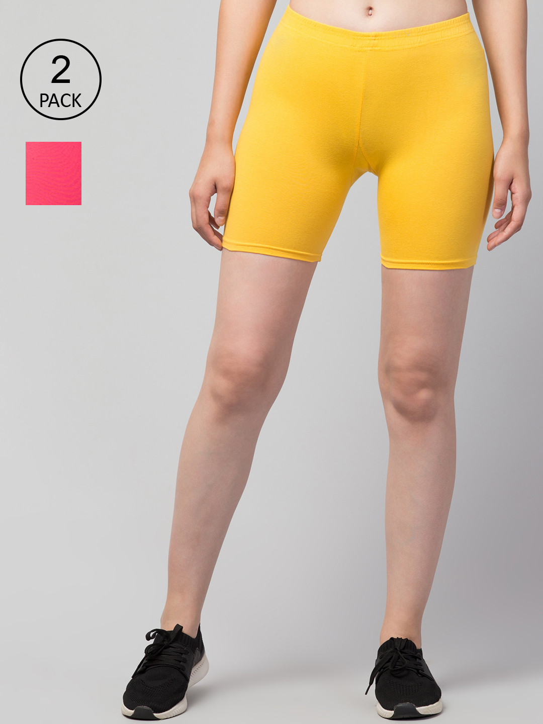 Apraa & Parma Women Pack of 2 Yellow and Pink Cotton Cycling Sports Shorts