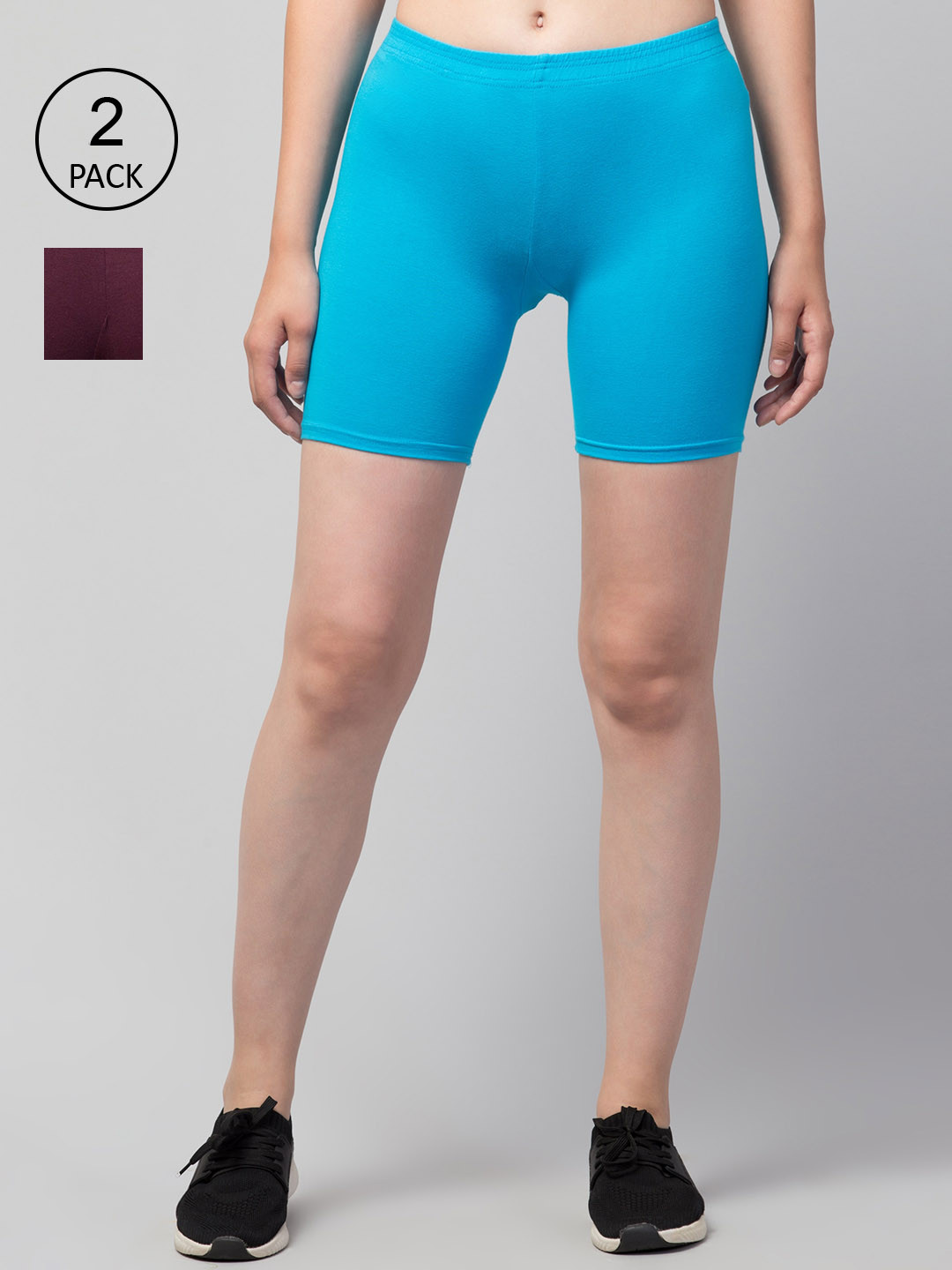 Apraa & Parma Women Pack of 2 Turquoise Blue and Maroon Cotton Cycling Sports Shorts
