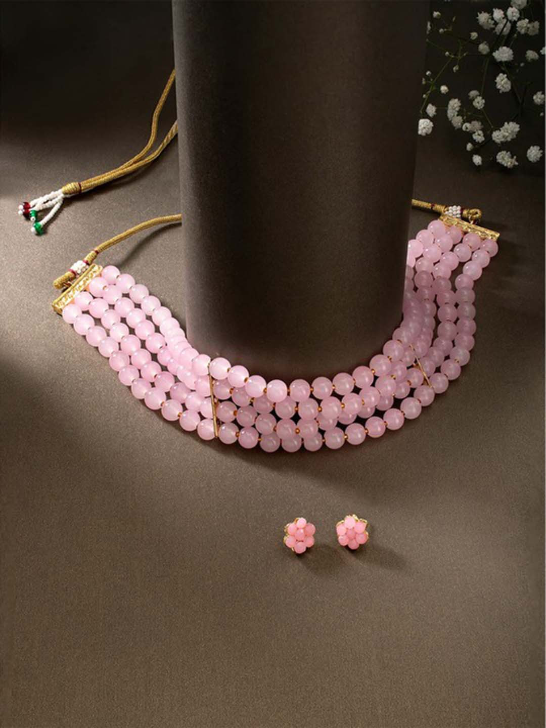 I Jewels Women Gold-Plated Pink Pearl Jewellery Set