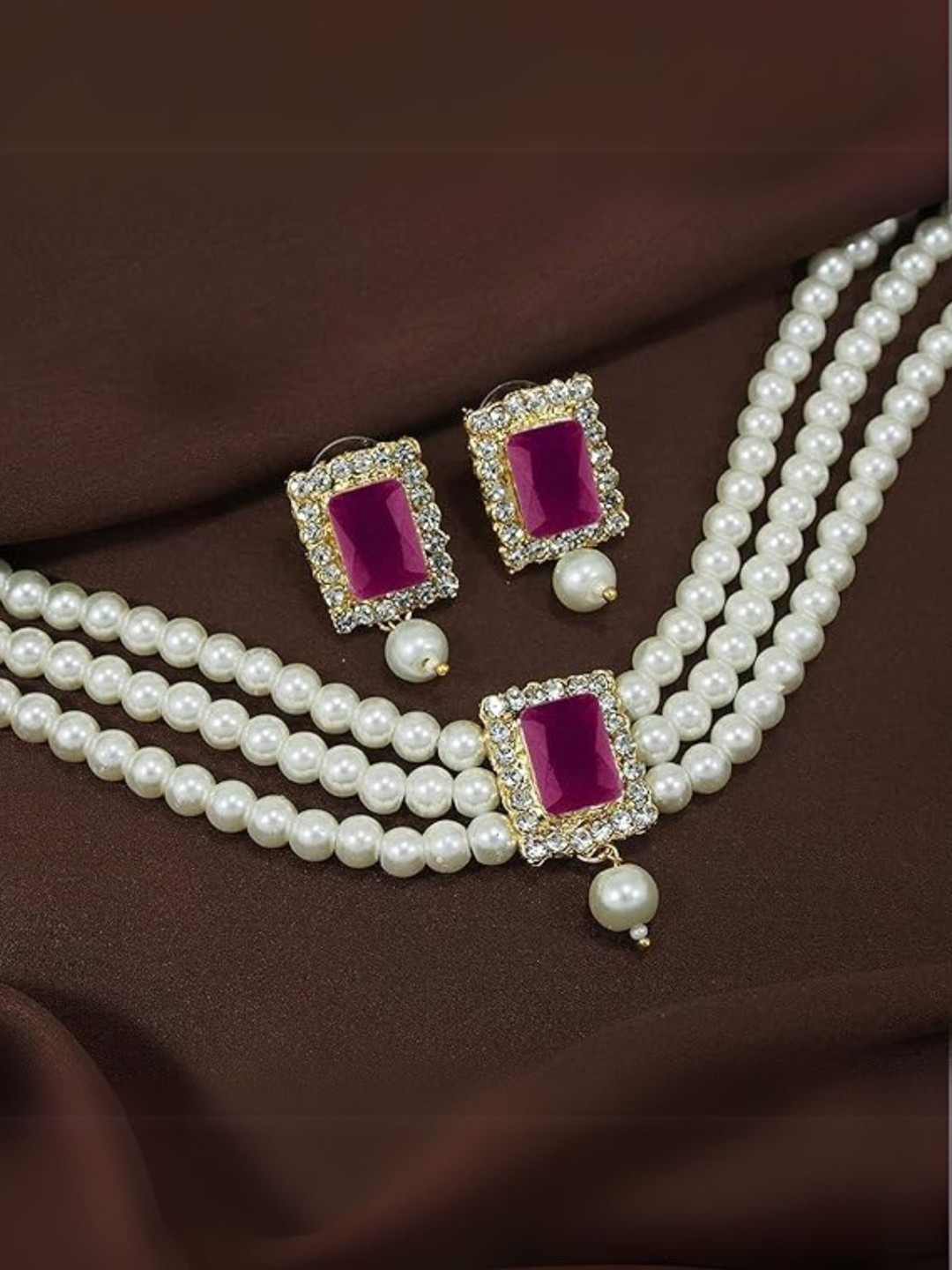 I Jewels Gold-Plated Pink Choker Jewellery Set
