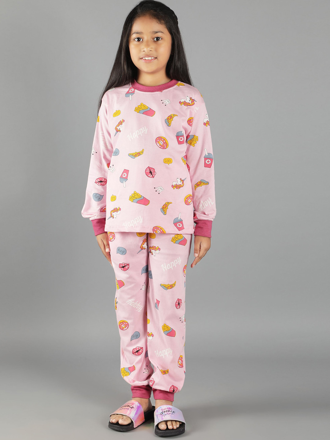 Ninos Dreams Girls Pink & Yellow Printed Night suit