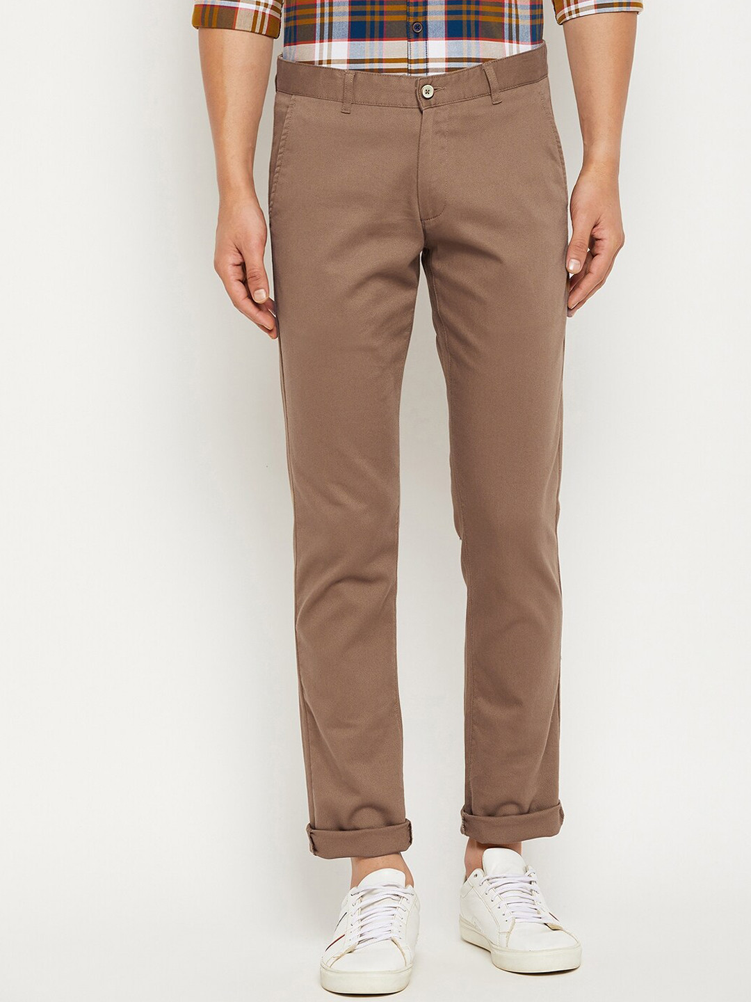 Duke Men Brown Textured Slim Fit Trousers