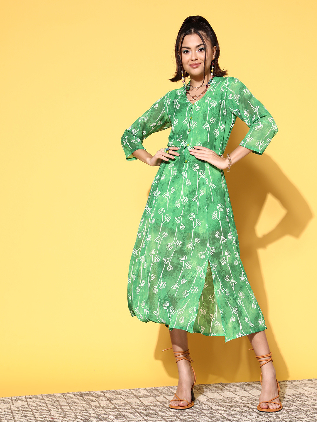 plusS Women Elegant Green Floral Print Parade Dress