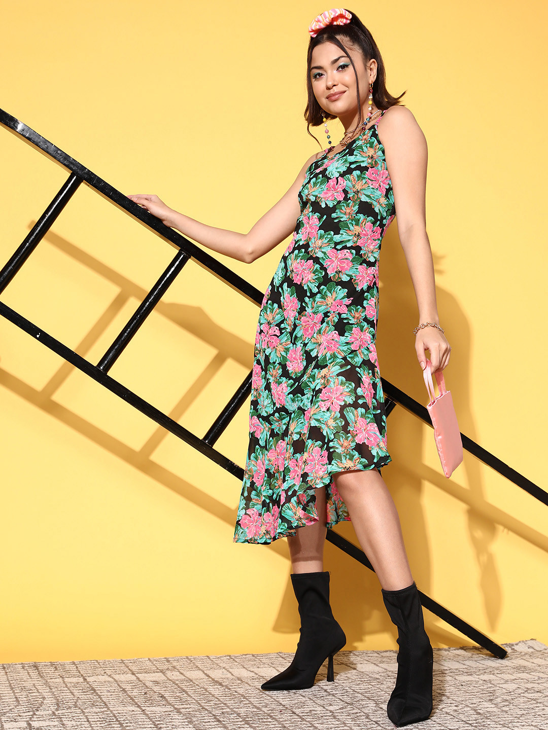 plusS Women Elegant Green Floral Spaghetti Straps Dress