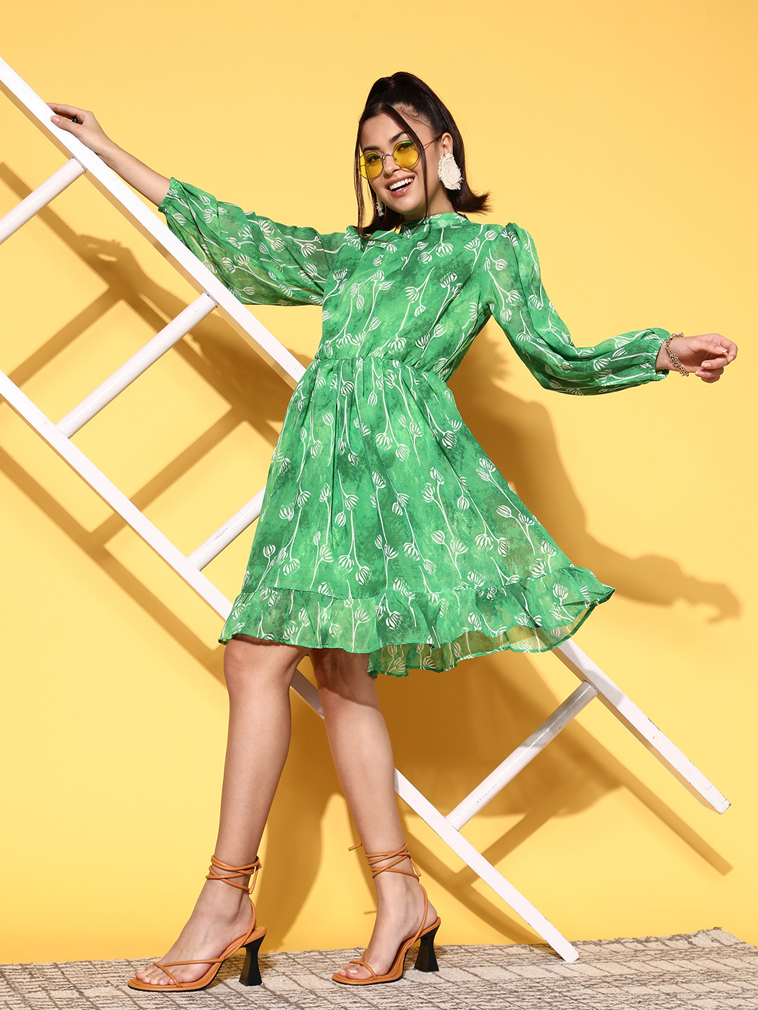 plusS Women Elegant Green Floral Once Upon a Sleeve Dress