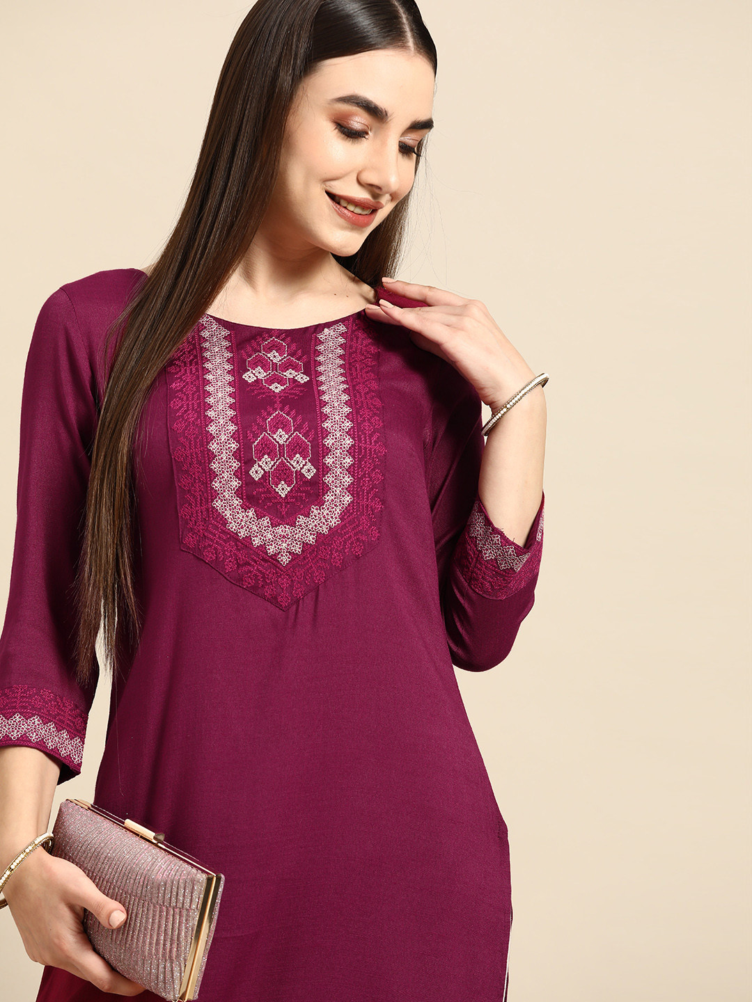 Anouk Women Violet Embroidered Thread Work Kurta