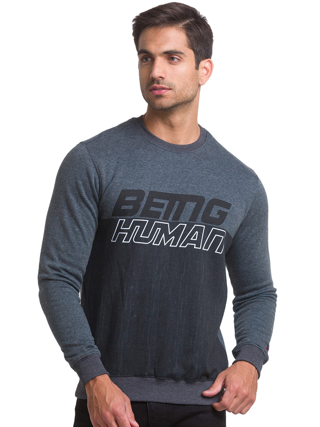Being Human Men Grey Melange and Black Printed Sweatshirt