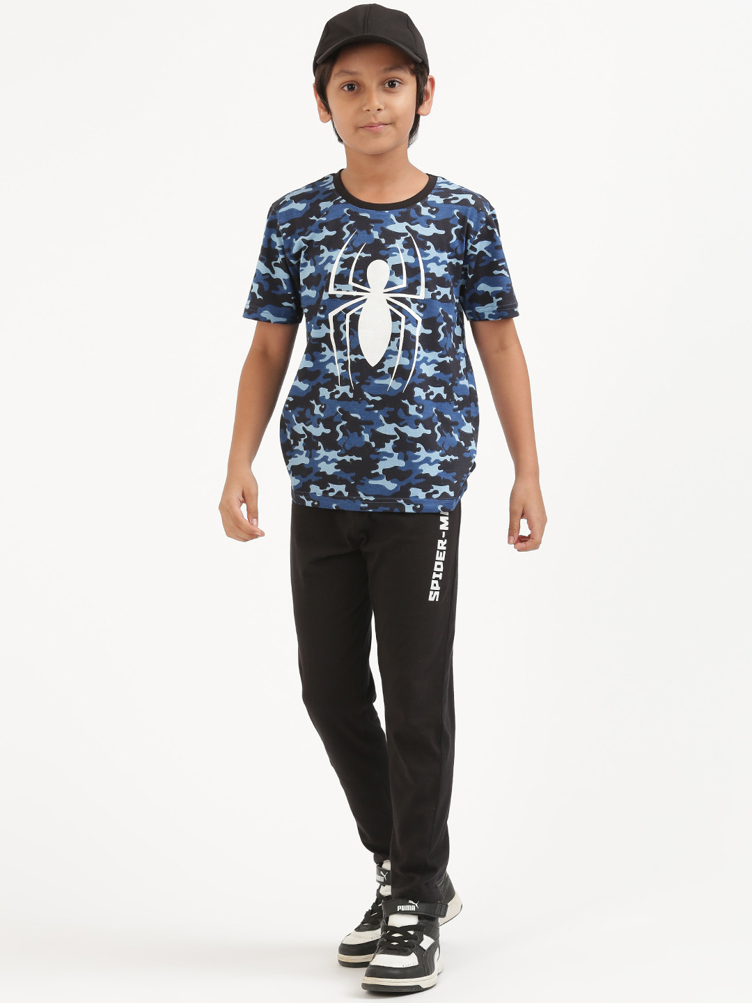 Nap Chief Kids Unisex Black & Blue Spider Man Camouflage Printed Pure Cotton Night Suit