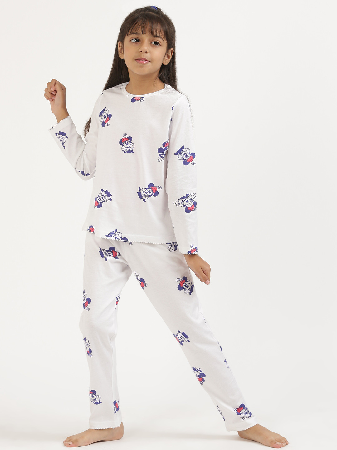Girls White & Blue Minnie Mouse Printed Pure Cotton Night suit