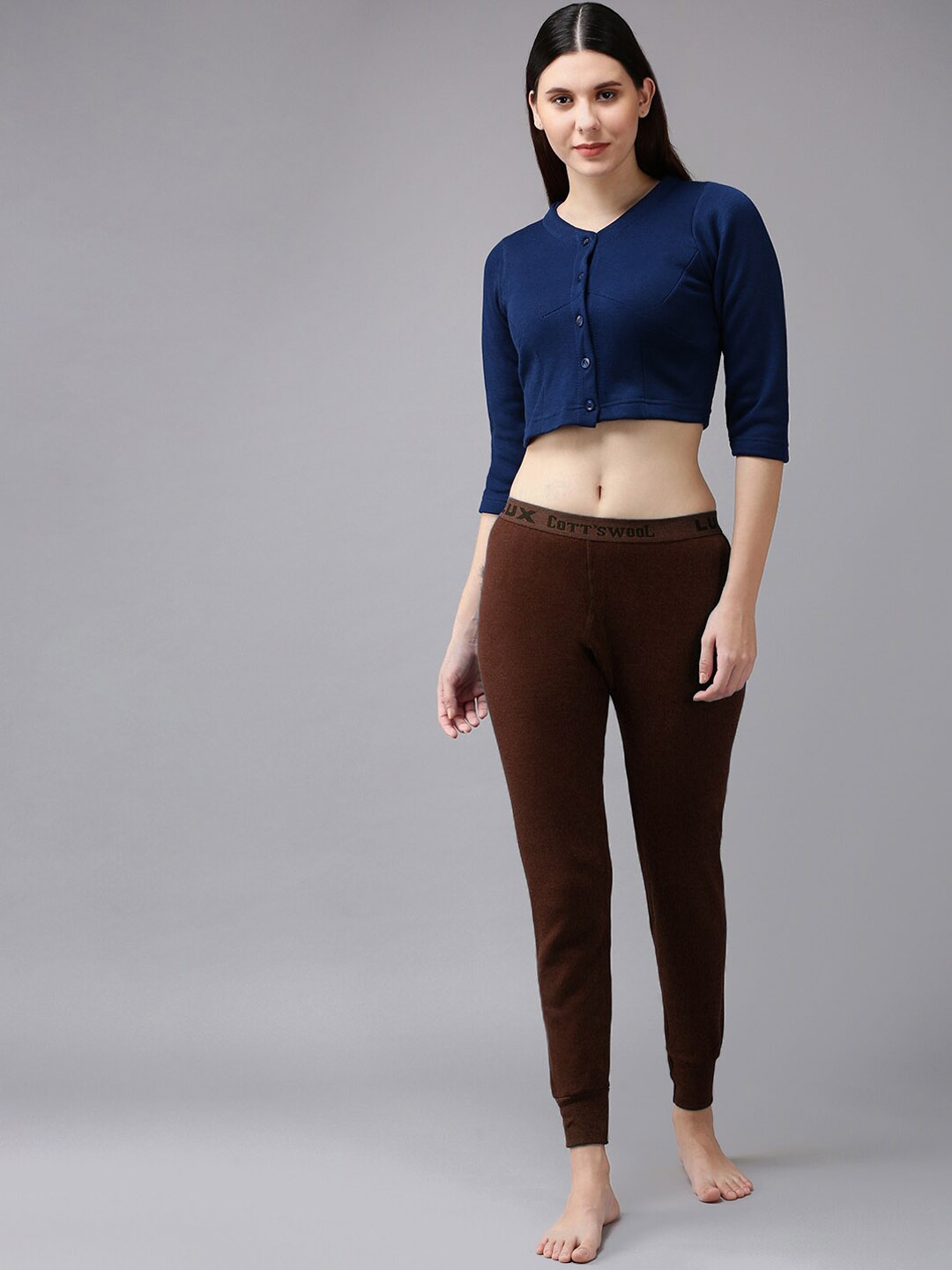 Buy Lux Cottswool Women Blue & Brown Solid Woolen Thermal Set