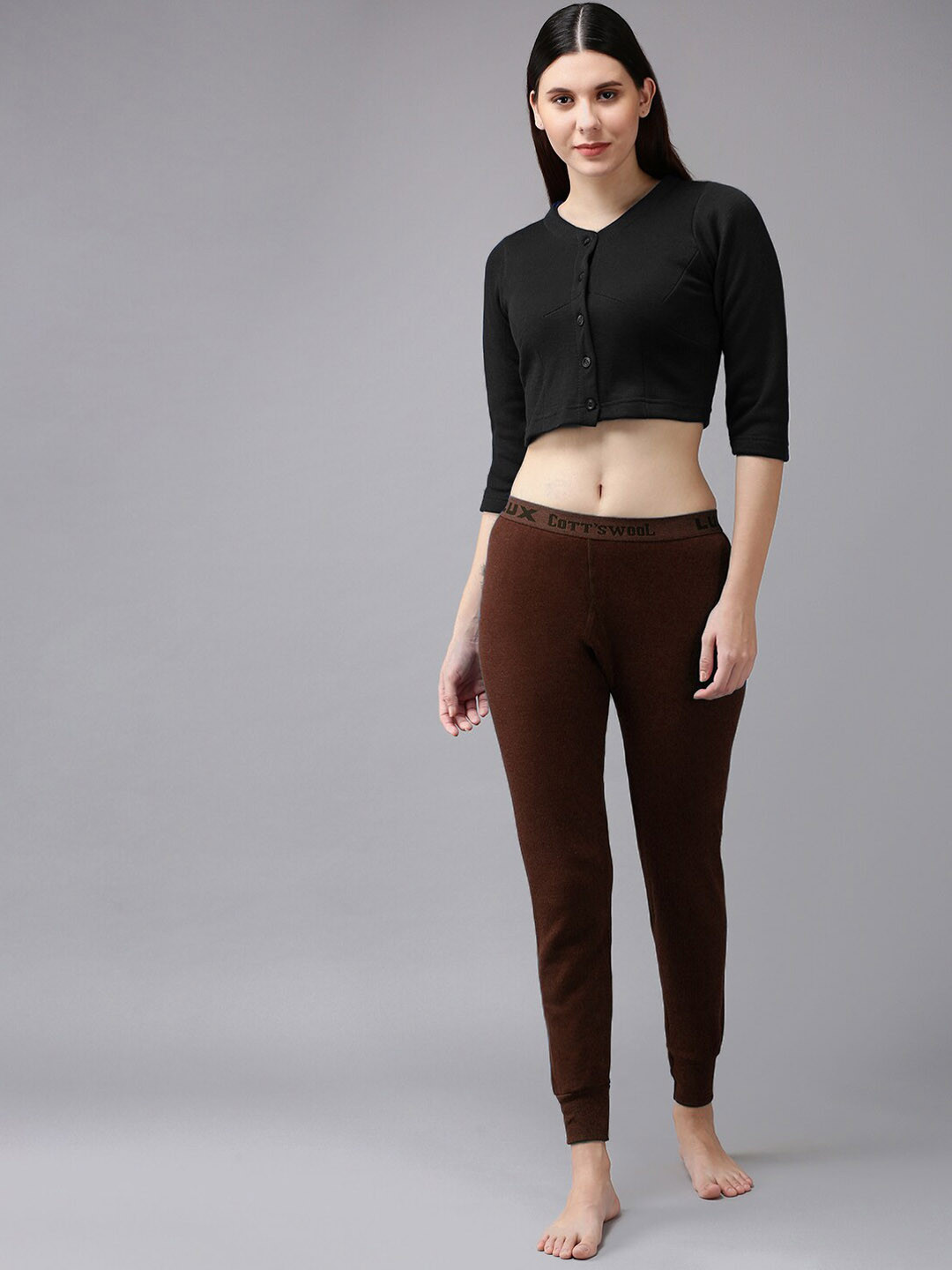 Lux Cottswool Women Plus Size Black & Brown Solid Wool Thermal Set