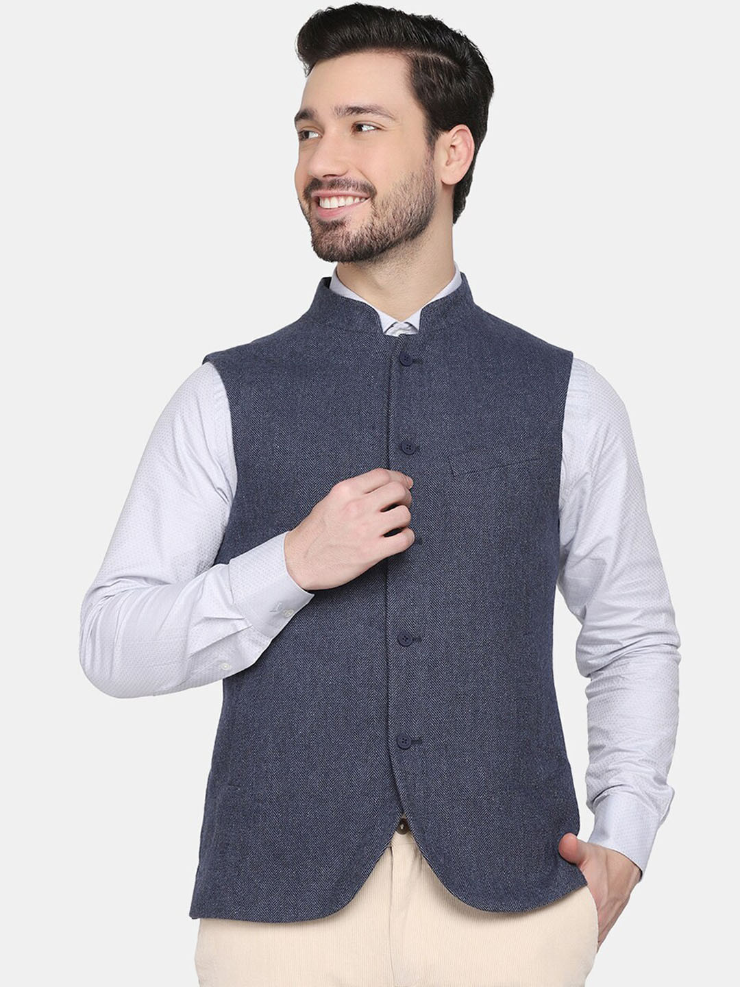 Blackberrys Men Navy Blue Bandgala Slim Fit Engineered Waist Coat