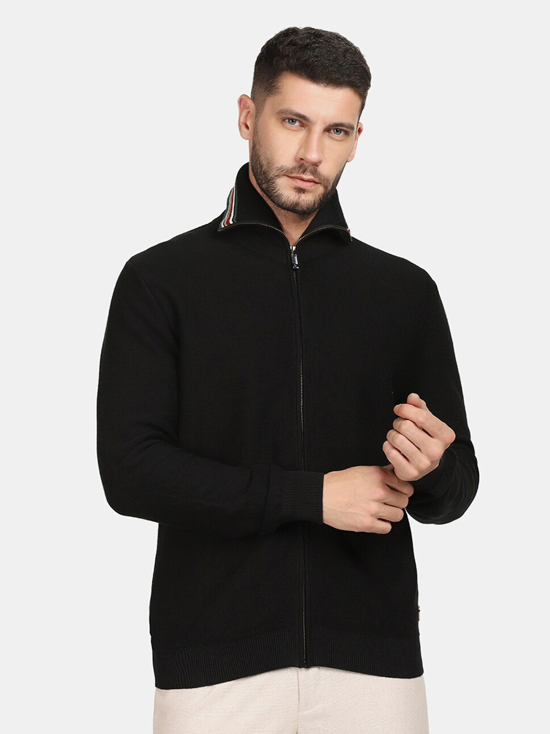 Blackberrys Men Black Solid Zipper Cardigan Sweater