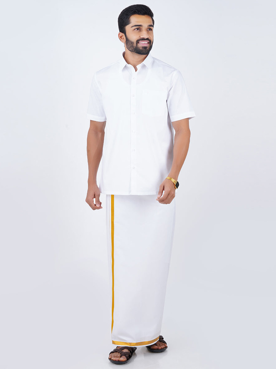 Ramraj Men White Solid PolyCotton Shirt with gold border White Dhoti