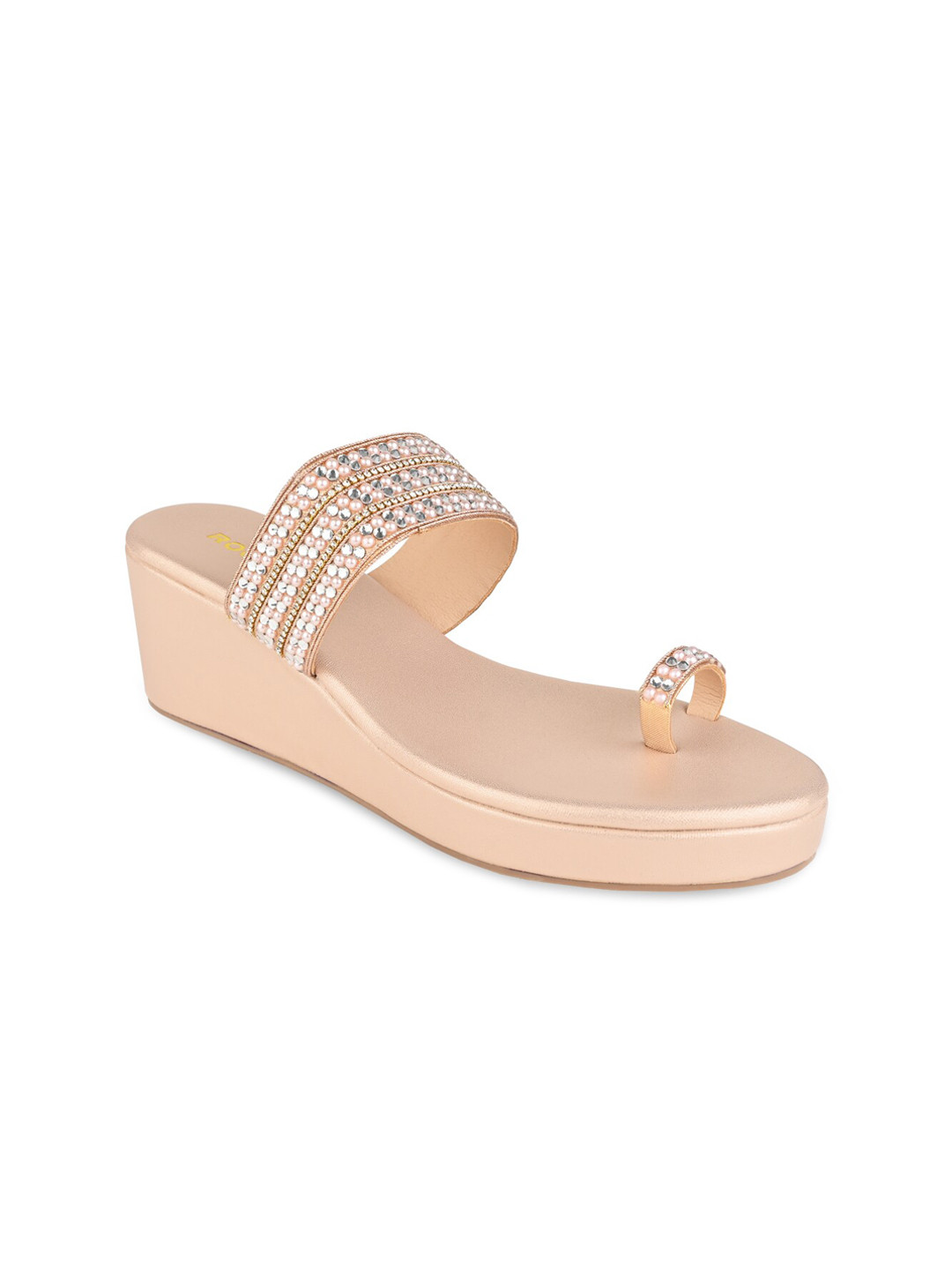 Rocia Women Rose Gold Embellished Pearl Embroidered Wedges
