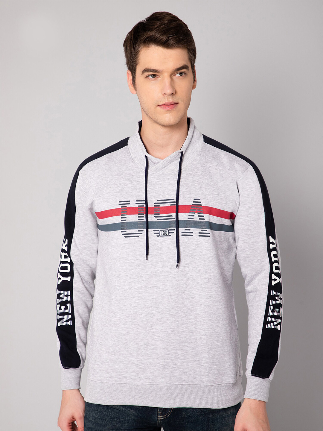 Cantabil Men Grey Melange Printed Hooded Sweatshirt