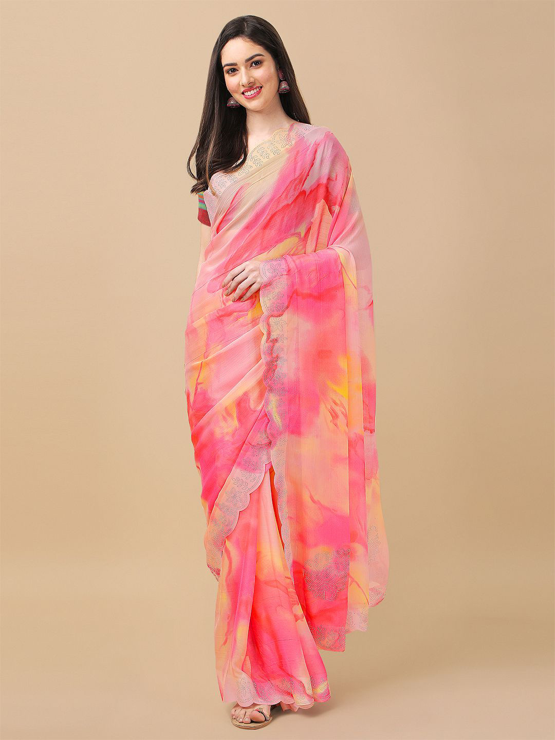 Mitera Rose & Yellow Tie and Dye Beads and Stones Saree